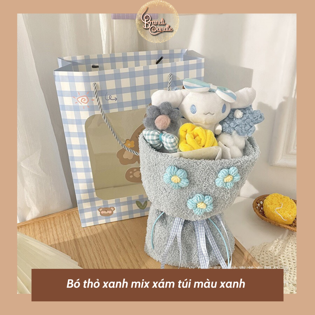 Bó hoa thú bông vải nhung mềm mại kèm thiệp và túi giấy dây vải quà tặng màu sắc dễ thương