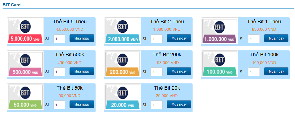 Mua thẻ BIT giá rẻ thanh toán bằng thẻ ATM